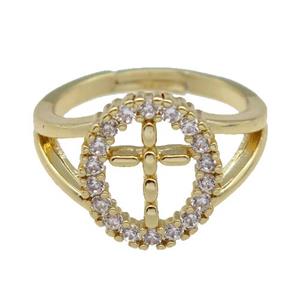 copper Ring paved zircon, cross, adjustable, gold plated, approx 12-15mm, 18mm dia [FN26638]