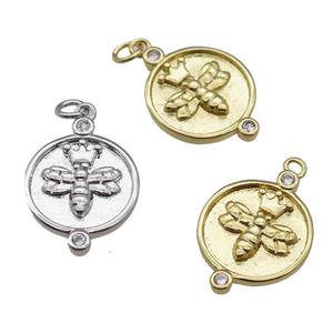 copper honeybee charm pendant, circle, mixed, approx 15mm [FN26651]