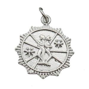 copper circle pendant paved zircon, twins, platinum plated, approx 18mm dia [FN26652]