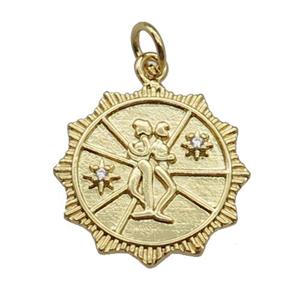 copper circle pendant paved zircon, twins, gold plated, approx 18mm dia [FN26653]