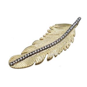 copper Feather pendant paved zircon, gold plated, approx 14-40mm [FN26676]