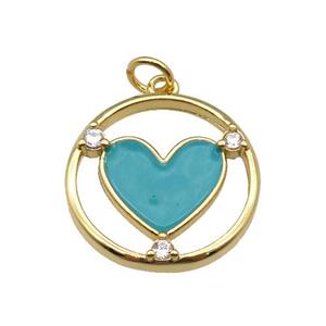 copper Heart pendant with teal enamel, gold plated, approx 20mm dia [FN26690]