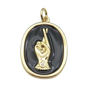 copper oval pendant with black enamel, hand, gold plated, approx 15-20mm [FN26708]