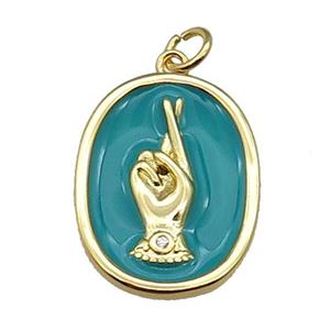 copper oval pendant with green enamel, hand, gold plated, approx 15-20mm [FN26709]