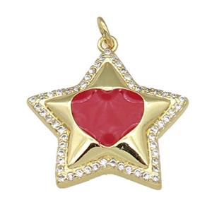 copper Star pendant paved zircon, red enamel, gold plated, approx 22mm [FN26723]
