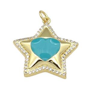 copper Star pendant paved zircon, teal enamel, gold plated, approx 22mm [FN26724]