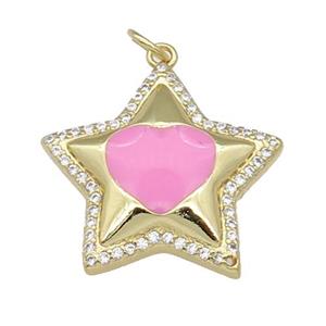 copper Star pendant paved zircon, pink enamel, gold plated, approx 22mm [FN26726]