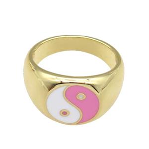 copper Ring with pink enamel Taichi, gold plated, approx 12mm, 17mm dia [FN26732]