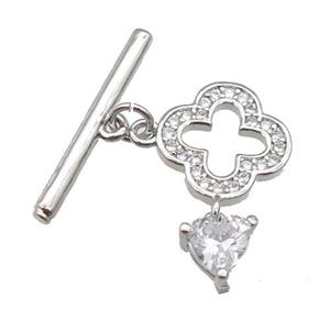 copper Toggle Clasp paved zircon, clover, platinum plated, approx 8mm, 12mm, 20mm [FN26779]