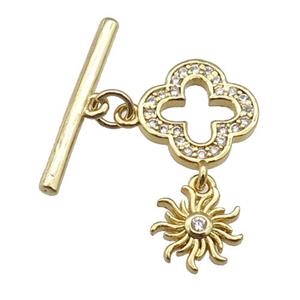 copper Toggle Clasp paved zircon, clover, gold plated, approx 9mm, 12mm, 20mm [FN26783]