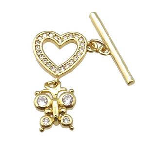 copper Toggle Clasp paved zircon, heart, gold plated, approx 9-12mm, 12mm, 20mm [FN26784]