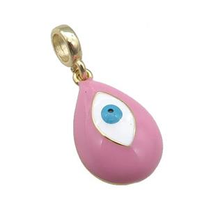 copper Evil Eye pendant with pink enamel, large hole, gold plated, approx 11-16mm, 6mm, 4mm hole [FN26788]
