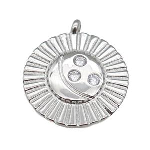 copper moon pendant paved zircon, platinum plated, approx 20mm dia [FN26812]