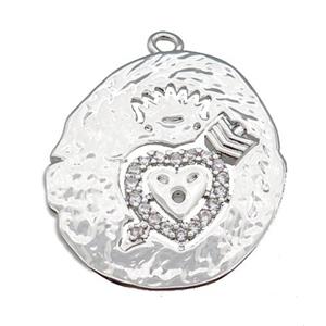 copper cupid heart pendant paved zircon, platinum plated, approx 22-25mm [FN26815]