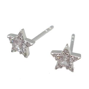 copper Stud Earring paved zircon, star, platinum plated, approx 6mm [FN26848]