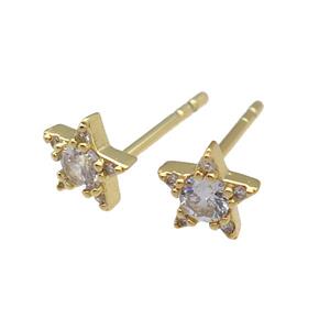 copper Stud Earring paved zircon, star, gold plated, approx 6mm [FN26849]