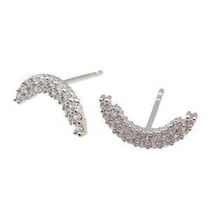 copper Stud Earring paved zircon, moon, platinum plated, approx 6-12mm [FN26850]