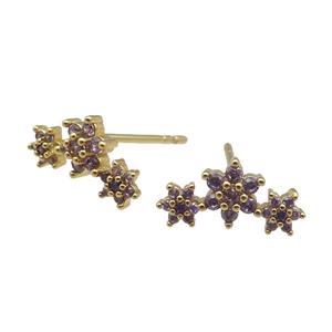 copper Stud Earring paved zircon, flower, gold plated, approx 6-13mm [FN26857]