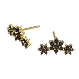copper Stud Earring paved black zircon, flower, gold plated, approx 6-13mm [FN26859]