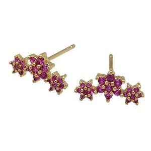 copper Stud Earring paved hotpink zircon, flower, gold plated, approx 6-13mm [FN26860]