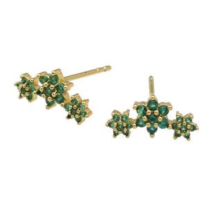 copper Stud Earring paved green zircon, flower, gold plated, approx 6-13mm [FN26861]