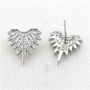copper Stud Earring paved zircon, wing, platinum plated, approx 17-17.5mm [FN26863]