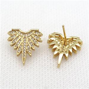 copper Stud Earring paved zircon, wing, gold plated, approx 17-17.5mm [FN26864]
