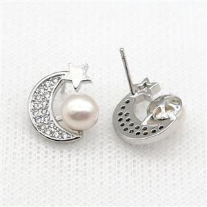copper moon Stud Earring paved zircon with pearlized shell, platinum plated, approx 12-14mm [FN26865]