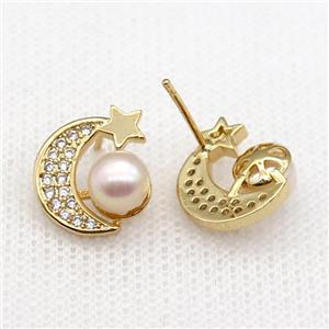 copper moon Stud Earring paved zircon with pearlized shell, gold plated, approx 12-14mm [FN26866]