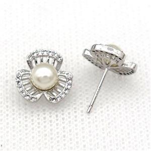 copper flower Stud Earring paved zircon with pearlized shell, platinum plated, approx 12.5mm [FN26867]