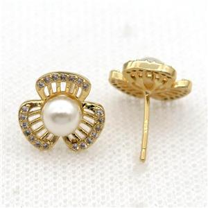 copper flower Stud Earring paved zircon with pearlized shell, gold plated, approx 12.5mm [FN26868]