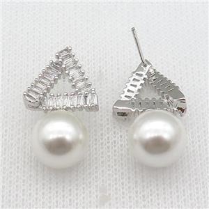 copper Triangle Stud Earring paved zircon with pearlized shell, platinum plated, approx 15-27mm [FN26869]