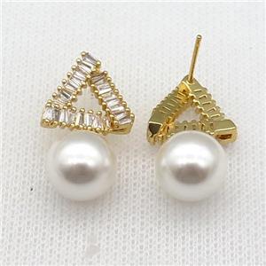 copper Triangle Stud Earring paved zircon with pearlized shell, gold plated, approx 15-27mm [FN26870]