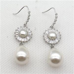 copper Hook Earring paved zircon with pearlized shell, flower, platinum plated, approx 13-17mm, 15mm, 60mm length [FN26871]