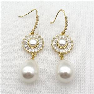 copper Hook Earring paved zircon with pearlized shell, flower, gold plated, approx 13-17mm, 15mm, 60mm length [FN26872]