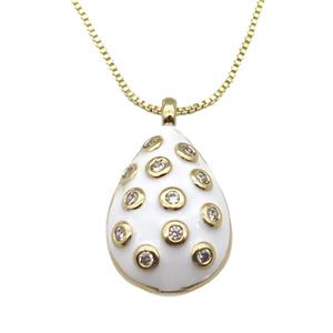 copper Necklace with teardrop paved zircon, white enamel, gold plated, approx 14-20mm, 45cm length [FN26873]