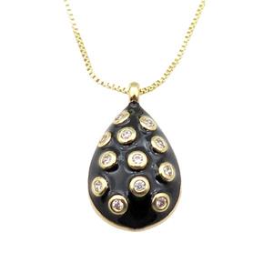 copper Necklace with teardrop paved zircon, black enamel, gold plated, approx 14-20mm, 45cm length [FN26874]