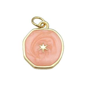 copper circle pendant with peach enamel, star, gold plated, approx 14-15mm [FN26887]