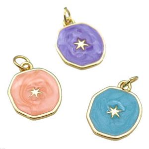 copper circle pendant with enamel, star, gold plated, mixed, approx 14-15mm [FN26890]