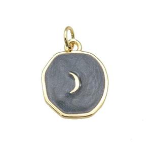 copper circle pendant with black enamel, moon, gold plated, approx 14-15mm [FN26892]