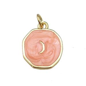 copper circle pendant with peach enamel, moon, gold plated, approx 14-15mm [FN26893]