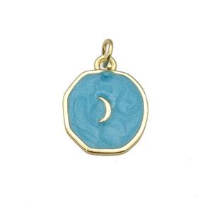 copper circle pendant with deepgreen enamel, moon, gold plated, approx 14-15mm [FN26895]