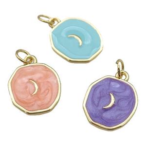 copper circle pendant with enamel, moon, gold plated, mixed, approx 14-15mm [FN26897]