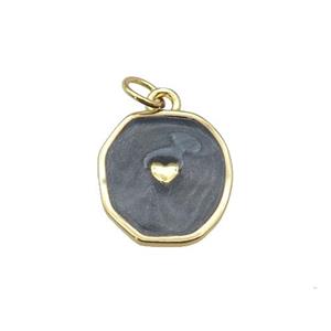 copper circle pendant with black enamel, heart, gold plated, approx 14-15mm [FN26899]