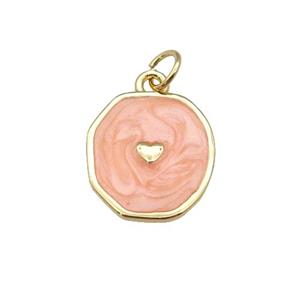 copper circle pendant with peach enamel, heart, gold plated, approx 14-15mm [FN26901]