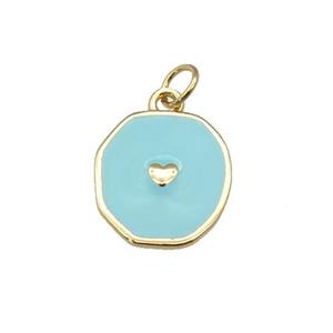 copper circle pendant with teal enamel, heart, gold plated, approx 14-15mm [FN26902]
