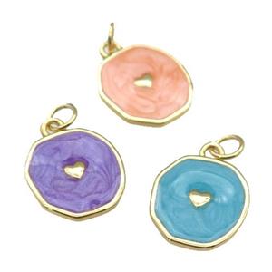 copper circle pendant with enamel, heart, gold plated, mixed, approx 14-15mm [FN26904]