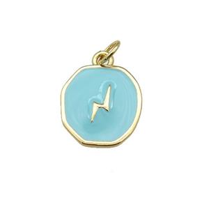 copper circle pendant with teal enamel, lightning, gold plated, approx 14-15mm [FN26909]
