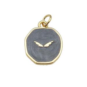 copper circle pendant with black enamel, wing, gold plated, approx 14-15mm [FN26913]