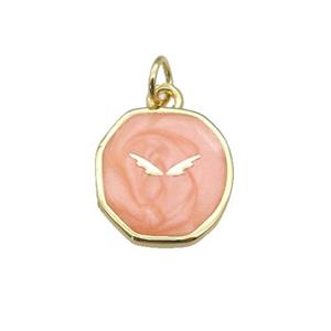 copper circle pendant with peach enamel, wing, gold plated, approx 14-15mm [FN26914]